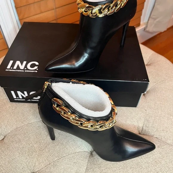 I.N.C. International Concepts Radeyah Gold Chain Booties in Smooth Black (NIB) - Picture 3 of 10